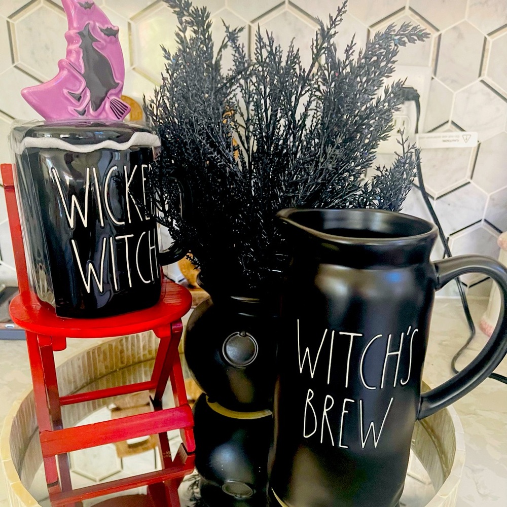 Rae Dunn witches brew pitcher and wicked witch with topper
